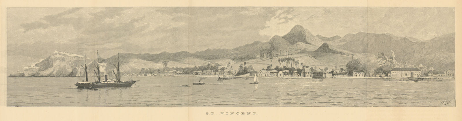 St. Vincent, West Indies. Panorama of Kingstown from the sea 1889 old print